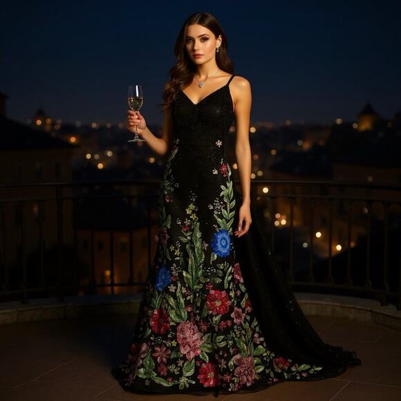 Mac Duggal 5475 Black Floral Fully Beaded Spaghetti Strap Sheath Gown Sz 12 FLAW - Picture 1 of 16